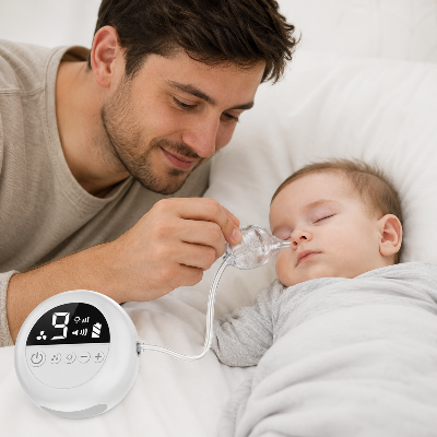 papa a soulagé le nez de bébé pour la nuit