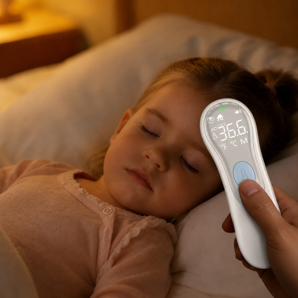 vérification de température avec le thermomètre frontal bébé