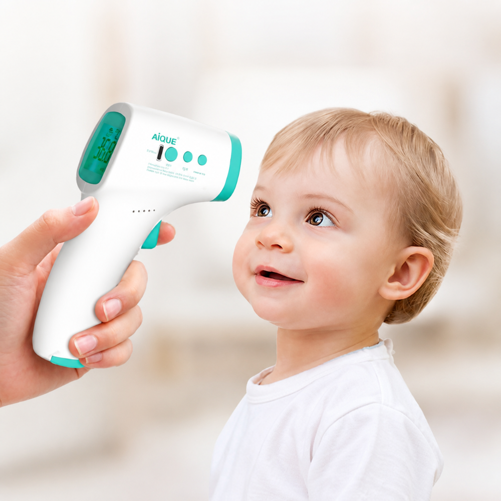 bébé collabore et n'a pas peur du thermomètre frontal