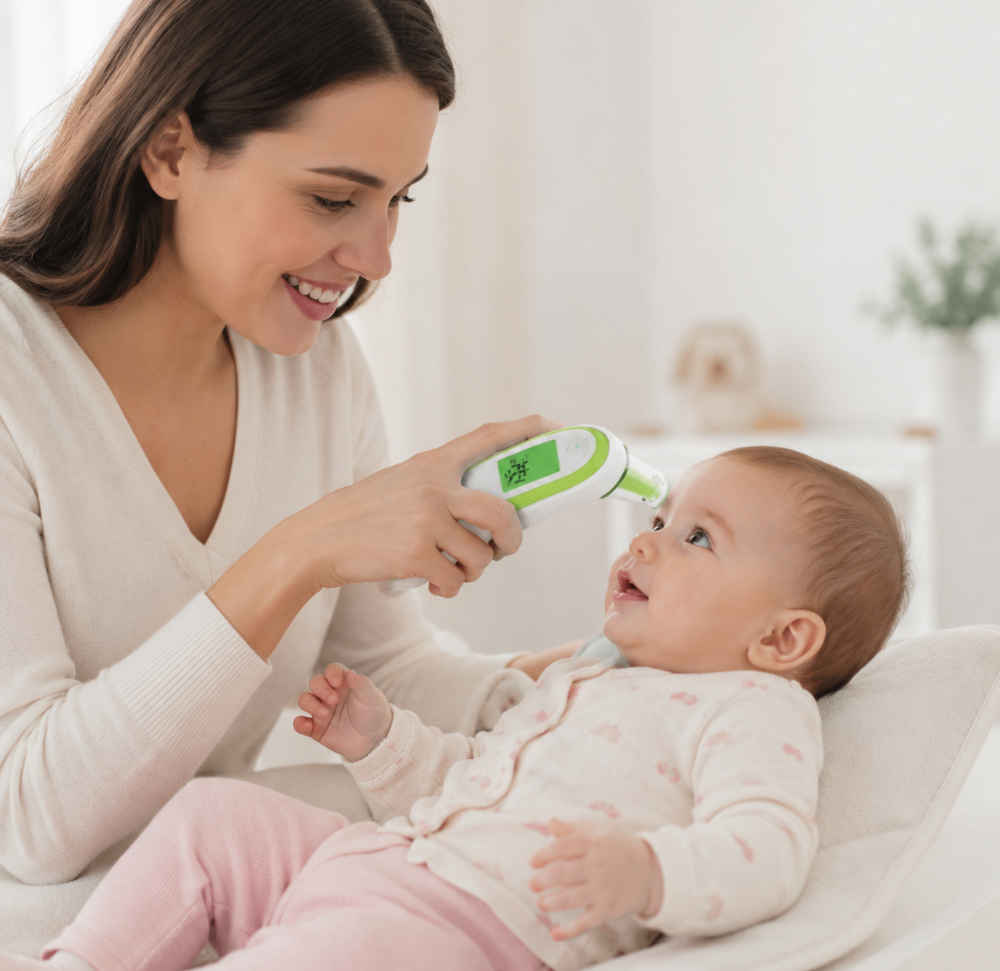 maman utilise le thermomètre frontal pour bébé
