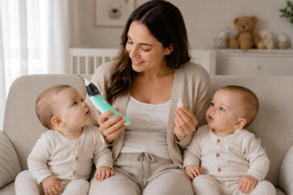 Moment de routine mouche-bébé électrique pour les jumeaux