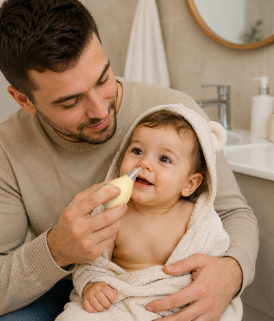 Papa qui utilise le mouche nez pour bébé Dévio