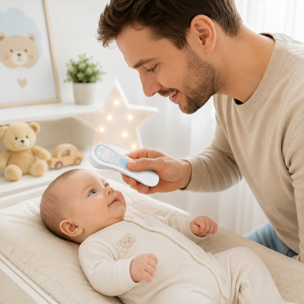 papa surveille la température de bébé grâce au thermomètre frontal bébé