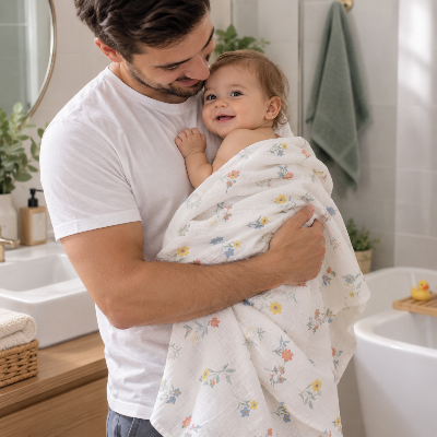 papa utilise le LANGE BEBE avant de mettre bébé dans le bain 