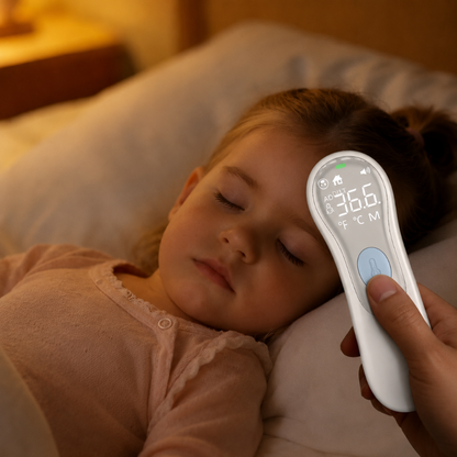 vérification de température avec le thermomètre frontal bébé