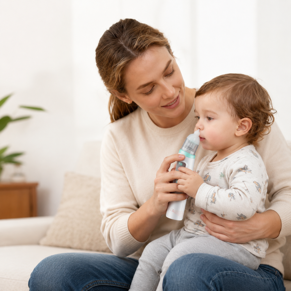 bébé participe au mouchage avec le mouche bébé électrique