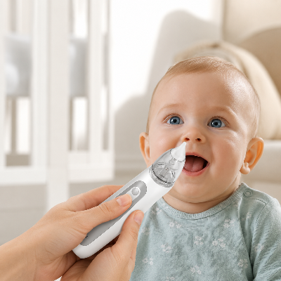 bébé qui sourit quand maman utilise le mouche-bébé électronique