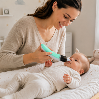 bébé reste calme quand sa maman utilise le mouche bébé électrique