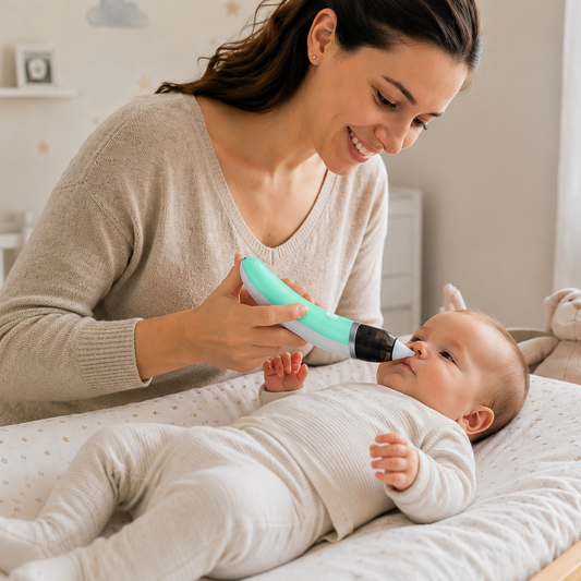 bébé reste calme quand sa maman utilise le mouche bébé électrique