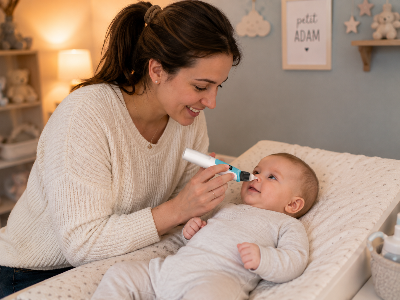 maman libère le nez de bébé avec le mouche bébé électrique