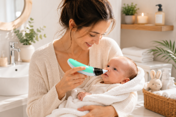maman qui utilise le mouche bébé électrique après le bain