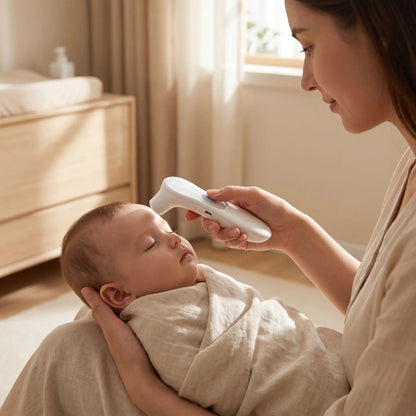 maman s'assure de la température de bébé avec le thermomètre frontal bébé