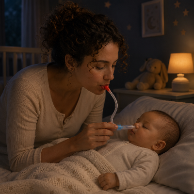maman soulage son bébé qui dort avec le mouche bébé manuel