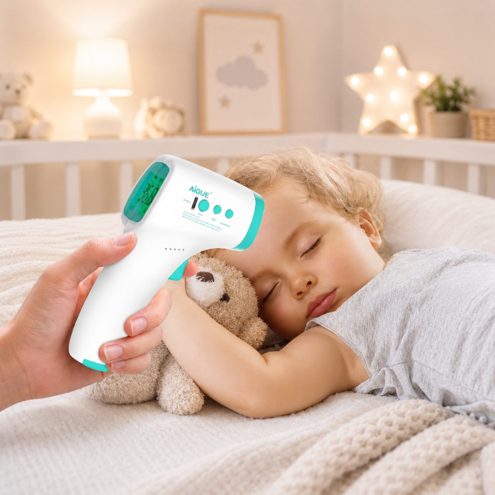 mensuration avec thermomètre frontal pendant le sommeil de bébé
