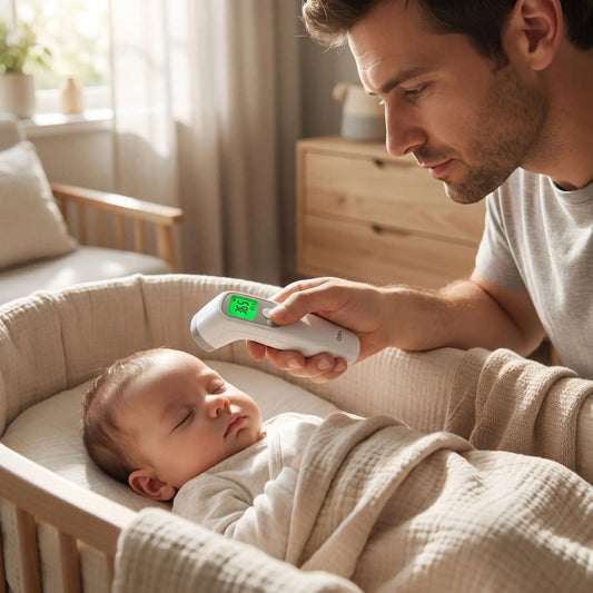 papa mesure la température avec le thermomètre frontal bébé
