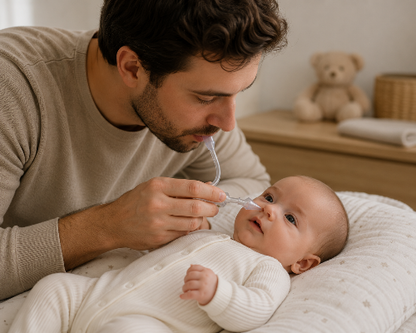 papa qui utilise le mouche bebe en position couchée