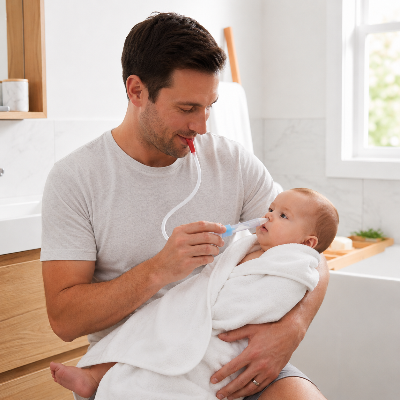 papa utilise le mouche bébé manuel après le bain du bébé