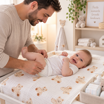 papa utilise un lange bébé lors du change