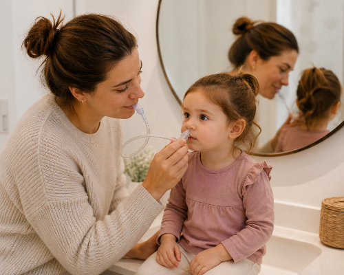 petite fille calme quand sa maman utilise le mouche bebe
