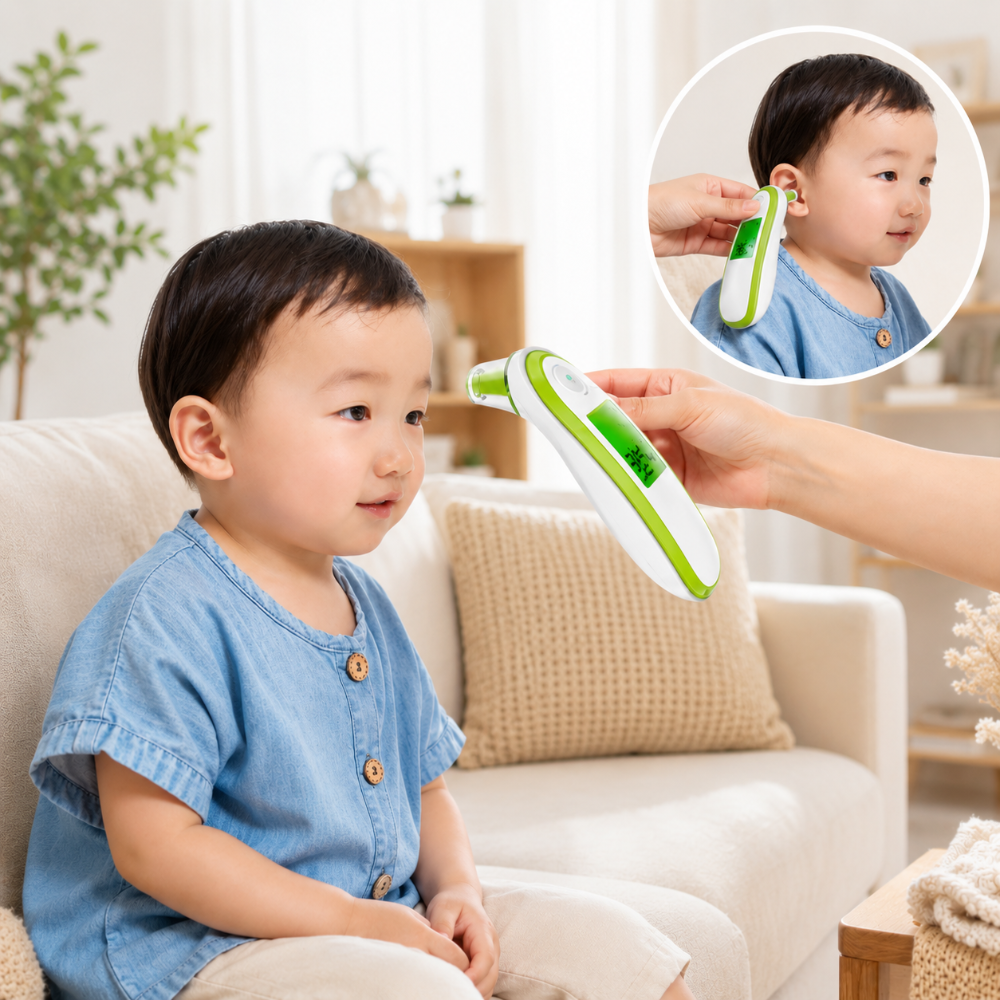 prise de température avec le thermomètre frontal pour bébé